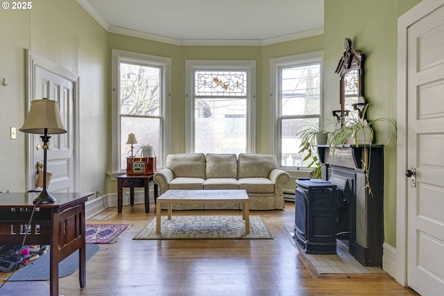 2122 NW Everett St, Portland, OR 97210 - living area with healthy amount of natural light, wood finished floors, crown molding, and a baseboard heating unit