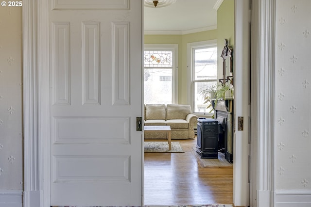 2122 NW Everett St, Portland, OR 97210 - corridor featuring wood finished floors and crown molding