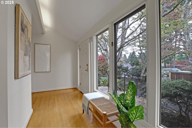 interior space featuring baseboards, light wood finished floors, and lofted ceiling