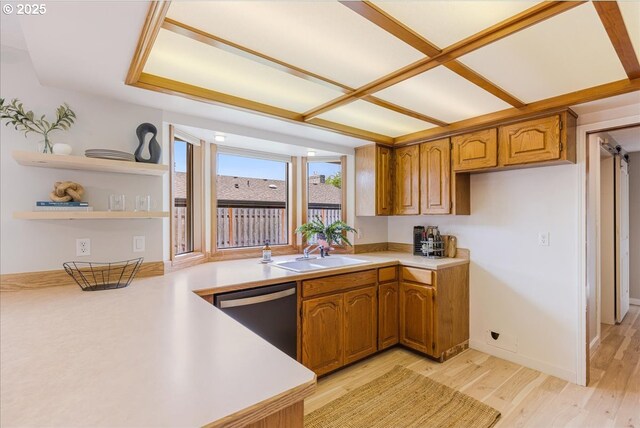 1725 SE Cochran Dr, Gresham, OR 97080 - kitchen with dishwasher, brown cabinets, light countertops, and light wood-style flooring