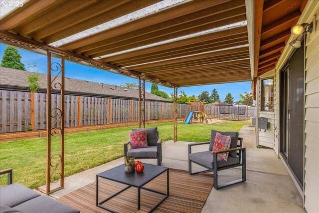 1725 SE Cochran Dr, Gresham, OR 97080 - fenced backyard featuring a playground, a patio, and an outdoor hangout area