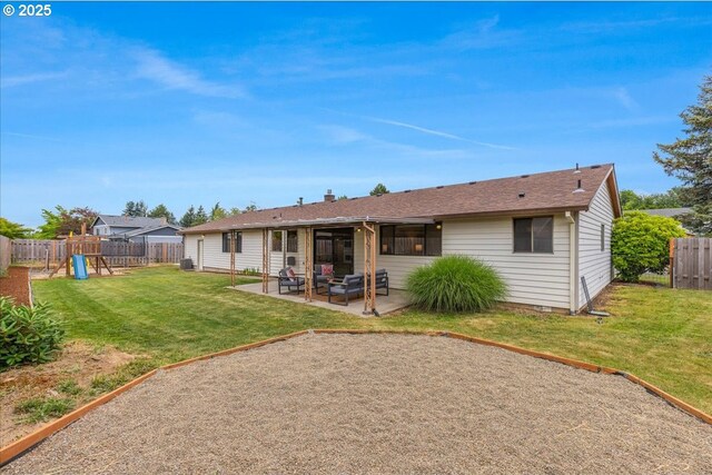 1725 SE Cochran Dr, Gresham, OR 97080 - rear view of property with a patio, a playground, a fenced backyard, and crawl space