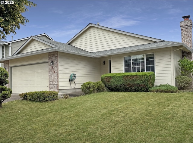 573 SE 73rd Ave, Hillsboro, OR 97123 - single story home with an attached garage, a shingled roof, a front lawn, a chimney, and brick siding