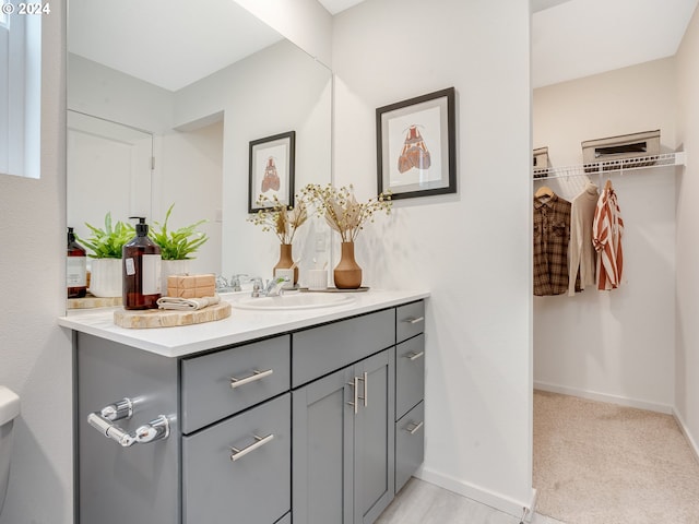 bathroom featuring vanity, baseboards, and a spacious closet