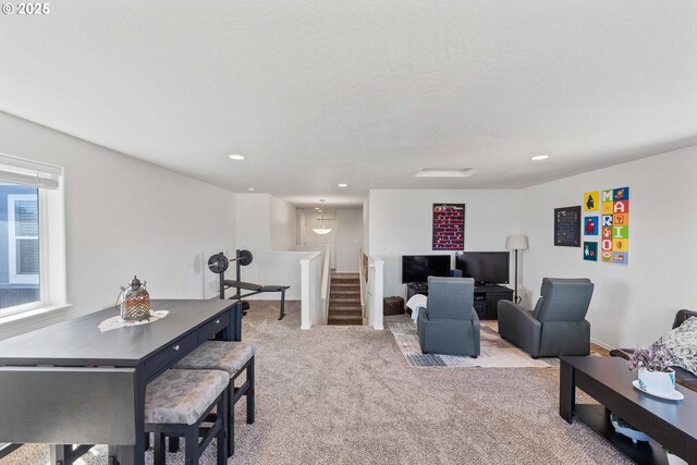 764 Seacrest Dr, Bandon, OR 97411 - carpeted living area with stairs and recessed lighting