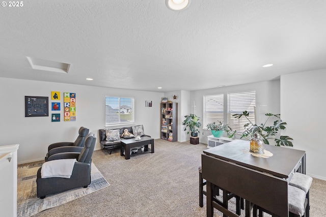 764 Seacrest Dr, Bandon, OR 97411 - dining room with carpet, plenty of natural light, a textured ceiling, recessed lighting, and baseboards