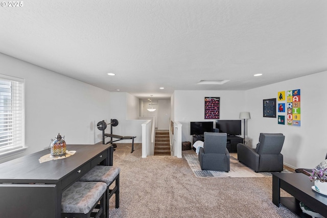 764 Seacrest Dr, Bandon, OR 97411 - living area featuring carpet floors, stairway, a textured ceiling, recessed lighting, and baseboards