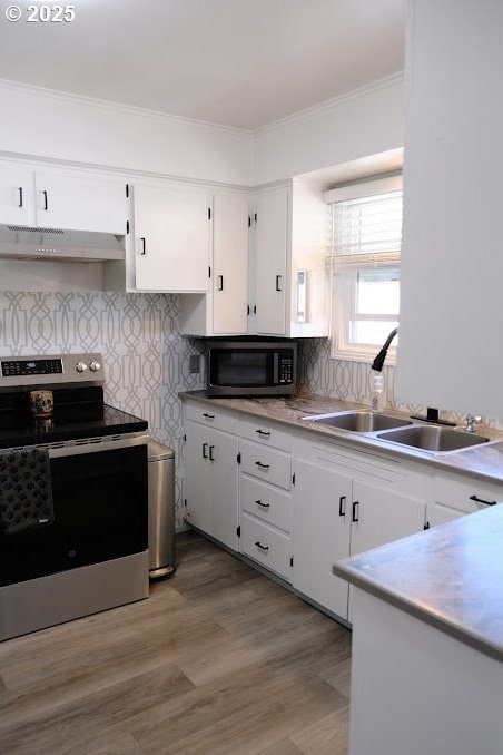 kitchen with appliances with stainless steel finishes, a sink, white cabinetry, crown molding, and tasteful backsplash