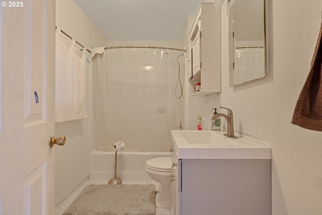 bathroom featuring toilet, tile patterned floors, shower / bathtub combination with curtain, and vanity