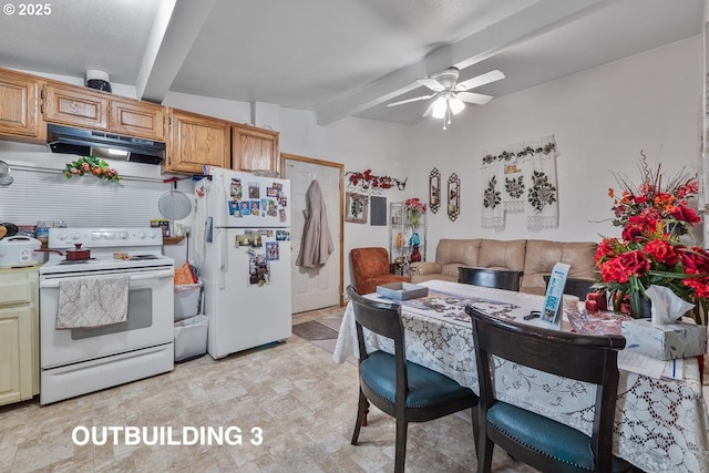 kitchen with ceiling fan, white appliances, beam ceiling, and under cabinet range hood