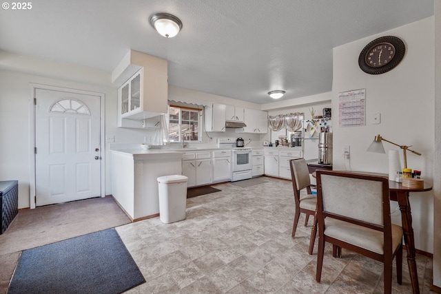 kitchen with under cabinet range hood, electric range, a sink, white cabinets, and light countertops