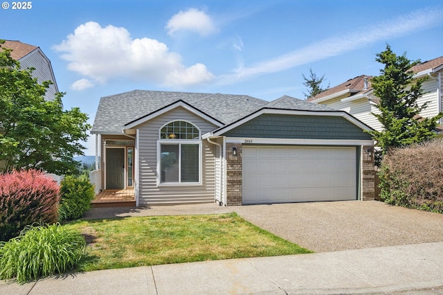 view of front of property featuring an attached garage, driveway, roof with shingles, a front lawn, and brick siding