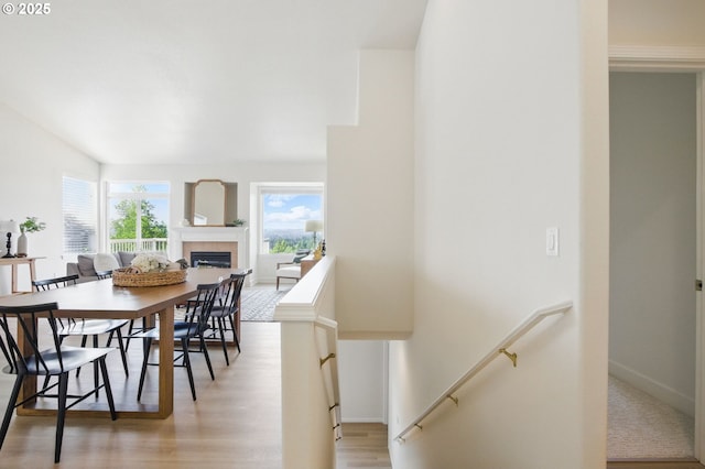 dining room with a tile fireplace, light wood-type flooring, and baseboards