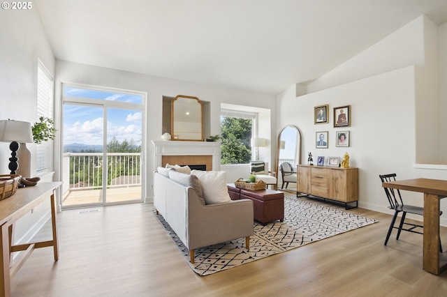 living room with light wood-type flooring, healthy amount of natural light, a fireplace, and vaulted ceiling