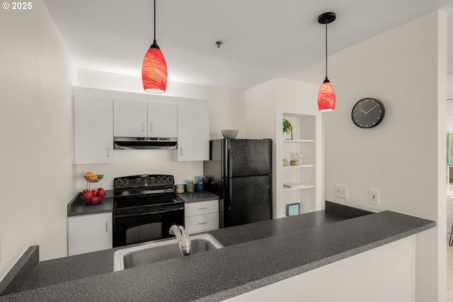 kitchen with dark countertops, white cabinets, a sink, under cabinet range hood, and black appliances