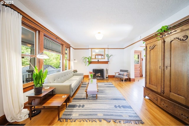 1823 SE 34th Ave, Portland, OR 97214 - living room with light wood-type flooring, a fireplace with flush hearth, arched walkways, and baseboards