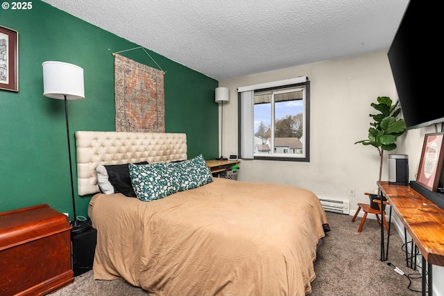 carpeted bedroom featuring baseboard heating, vaulted ceiling, and a textured ceiling