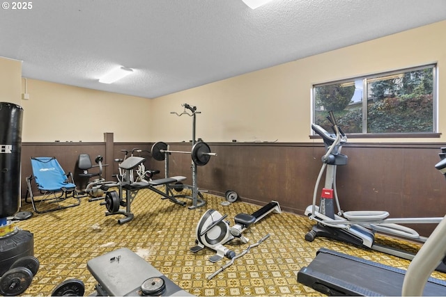 workout room with carpet flooring, a textured ceiling, and wood walls