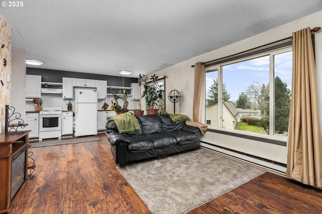 living room featuring a baseboard radiator, dark hardwood / wood-style floors, and a textured ceiling