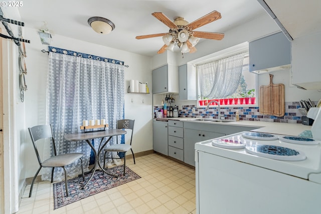 9023 SE Ankeny St, Portland, OR 97216 - kitchen featuring a sink, decorative backsplash, ceiling fan, white appliances, and light countertops