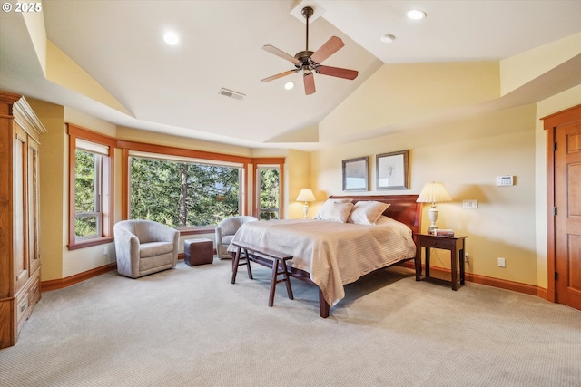 bedroom featuring ceiling fan, light colored carpet, and high vaulted ceiling