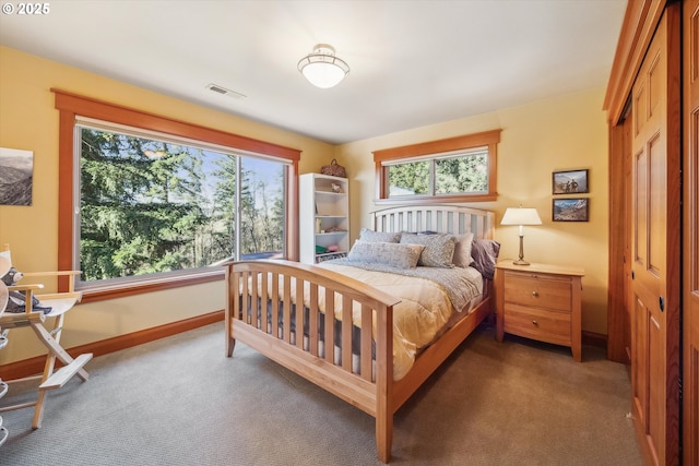 bedroom with dark carpet