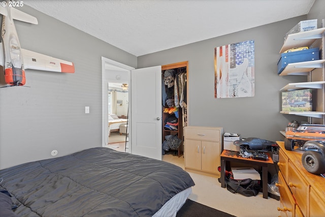 bedroom with light colored carpet and a closet