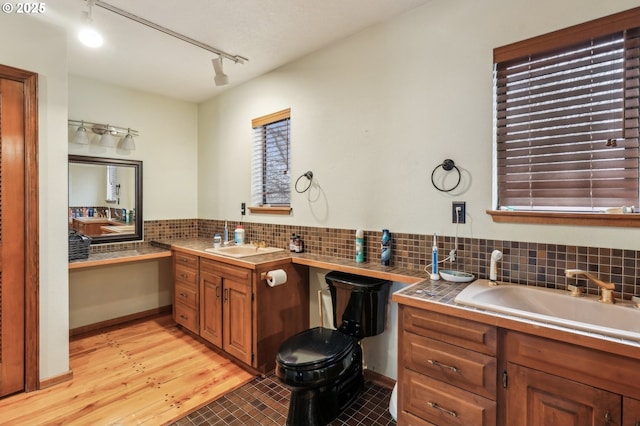 bathroom featuring hardwood / wood-style flooring, a bathing tub, track lighting, backsplash, and vanity