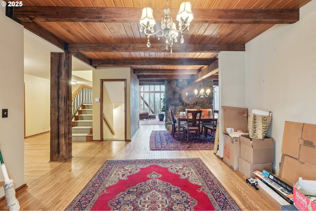 interior space with beam ceiling, a chandelier, and wooden ceiling