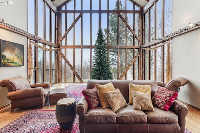 living room featuring a towering ceiling, hardwood / wood-style floors, and floor to ceiling windows