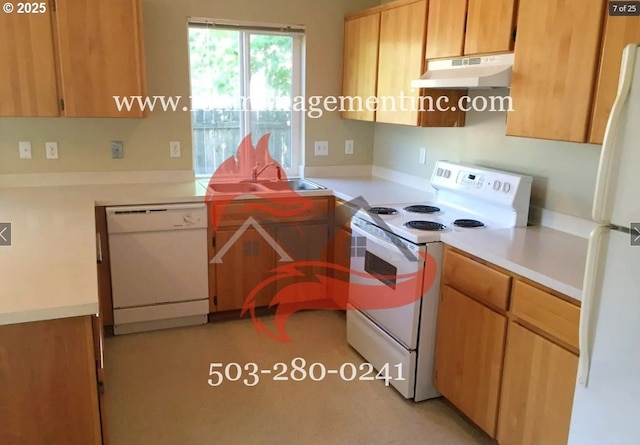 14818 NE Fremont St, Portland, OR 97230 - kitchen with white appliances, under cabinet range hood, and light countertops