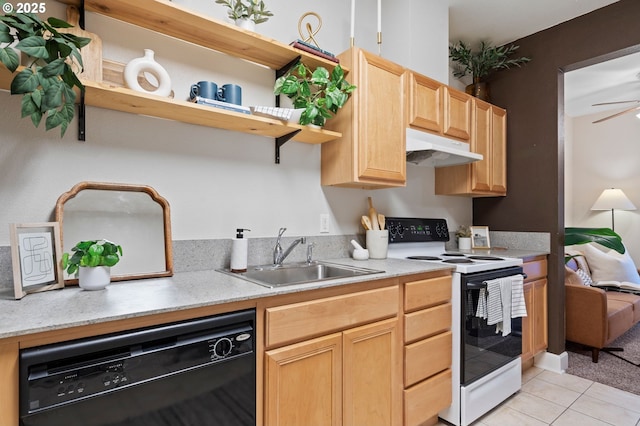 kitchen with sink, black dishwasher, white range with electric stovetop, light tile patterned flooring, and light brown cabinets