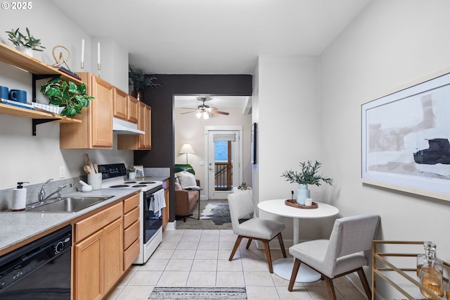 kitchen featuring light tile patterned flooring, sink, ceiling fan, black dishwasher, and white range with electric cooktop