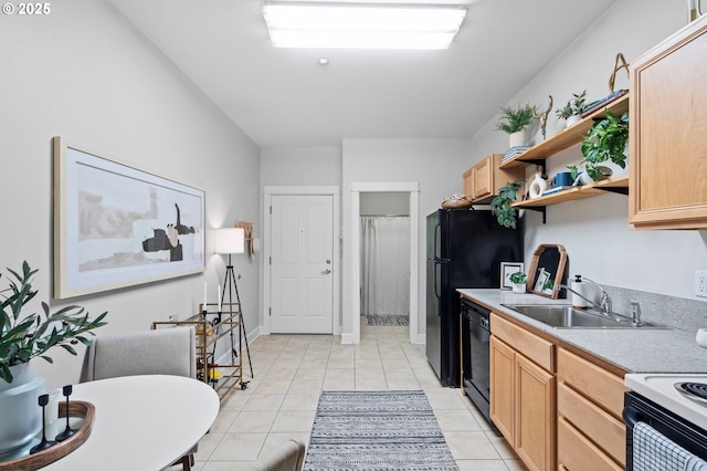 kitchen featuring white range with electric stovetop, light brown cabinetry, dishwasher, sink, and light tile patterned floors