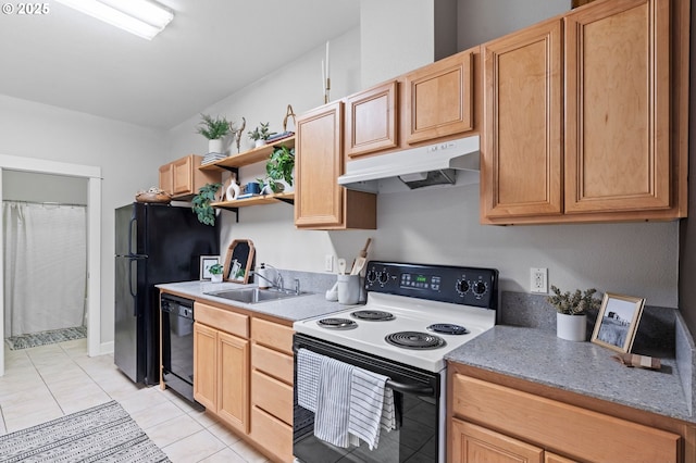 kitchen with dishwasher, sink, electric range oven, and light tile patterned floors