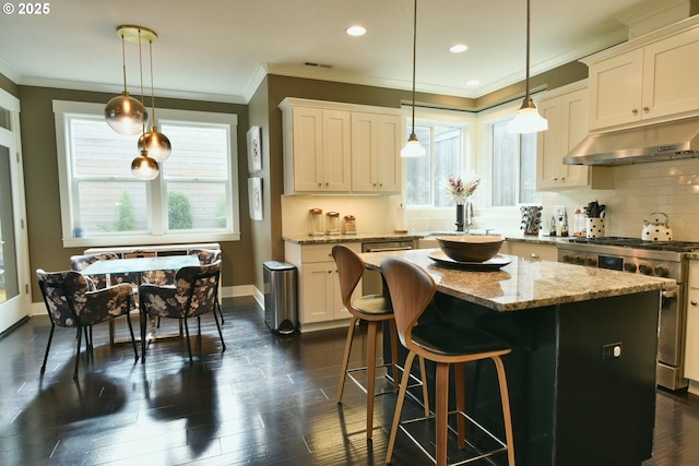3225 SE Lincoln St, Portland, OR 97214 - kitchen with under cabinet range hood, stainless steel range with gas cooktop, crown molding, backsplash, and healthy amount of natural light