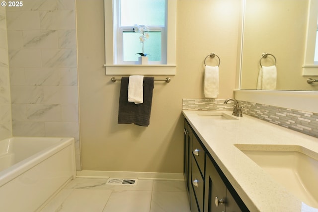 3225 SE Lincoln St, Portland, OR 97214 - full bath featuring double vanity, baseboards, backsplash, and  shower combination