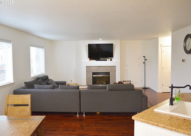 living room featuring a textured ceiling, dark hardwood / wood-style flooring, and sink