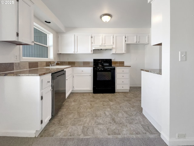 kitchen featuring under cabinet range hood, dishwashing machine, black electric range, white cabinets, and a sink