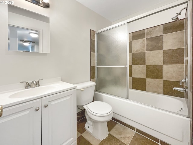 full bath featuring enclosed tub / shower combo, visible vents, toilet, and vanity