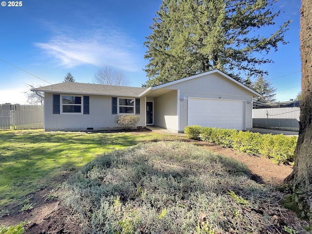 ranch-style home featuring a front yard, fence, a garage, and crawl space