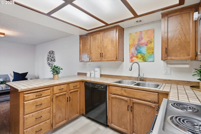 kitchen with dishwasher, sink, tile countertops, kitchen peninsula, and stove