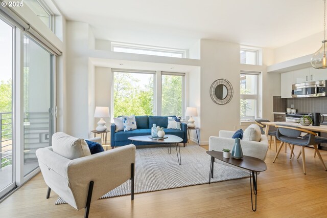 1455 N Killingsworth St Unit 201, Portland, OR 97217 - living area featuring light wood finished floors and a chandelier