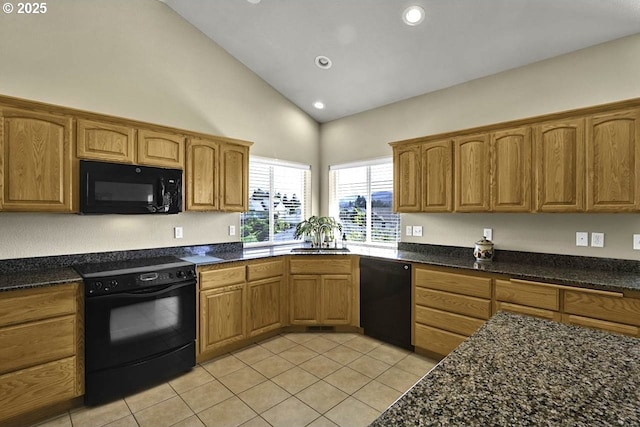 1922 Kapela Ct, Sutherlin, OR 97479 - kitchen featuring black appliances, light tile patterned floors, high vaulted ceiling, recessed lighting, and dark stone countertops