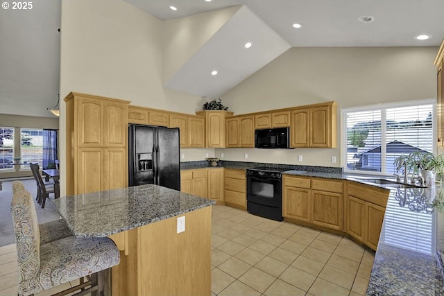 1922 Kapela Ct, Sutherlin, OR 97479 - kitchen featuring black appliances, high vaulted ceiling, a kitchen island, dark stone countertops, and a sink