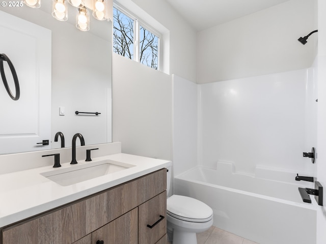 full bathroom featuring tile patterned floors, vanity, shower / bath combination, and toilet