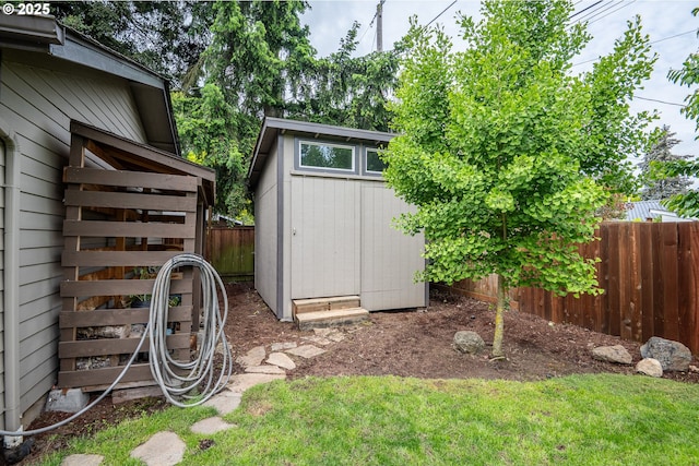 view of shed with a fenced backyard