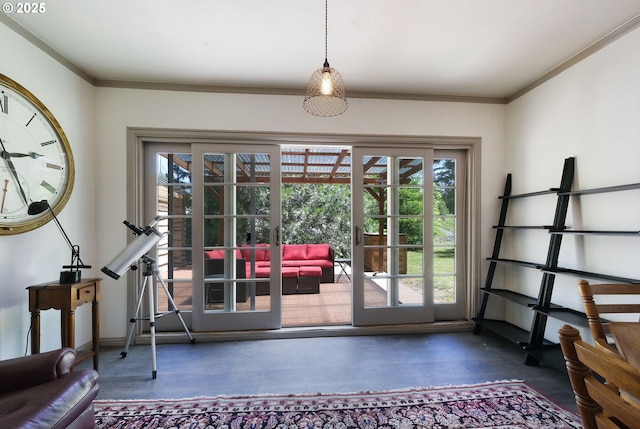 doorway featuring ornamental molding and french doors