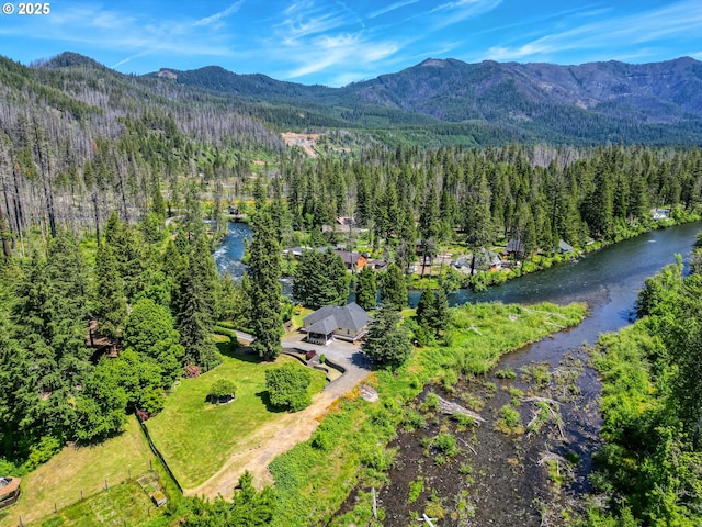 drone / aerial view featuring a water and mountain view