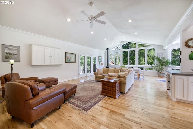 living room with crown molding, light hardwood / wood-style floors, plenty of natural light, and lofted ceiling